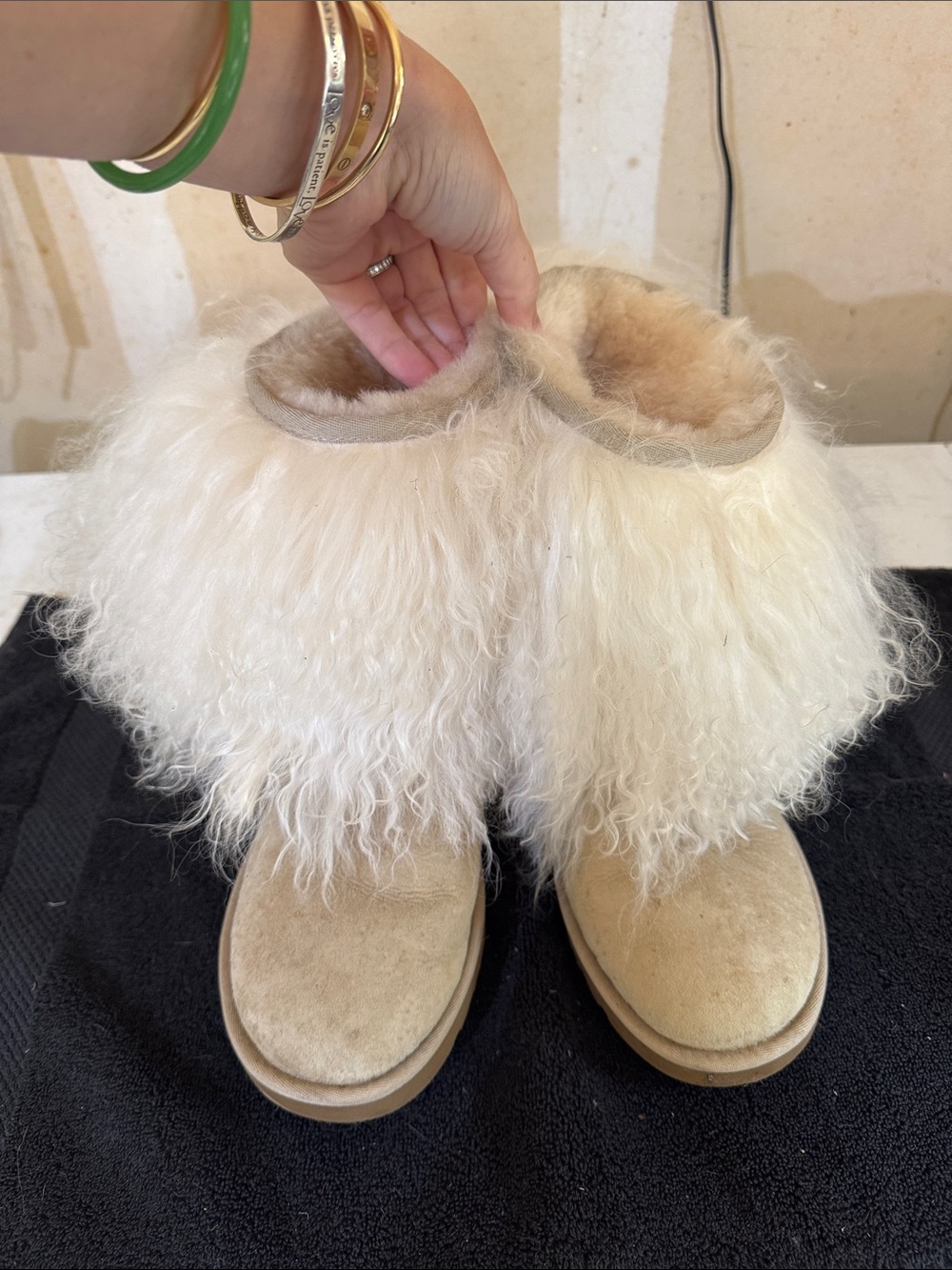 UGG Women's Shearling Cuff Suede Slippers in Cream and Tan